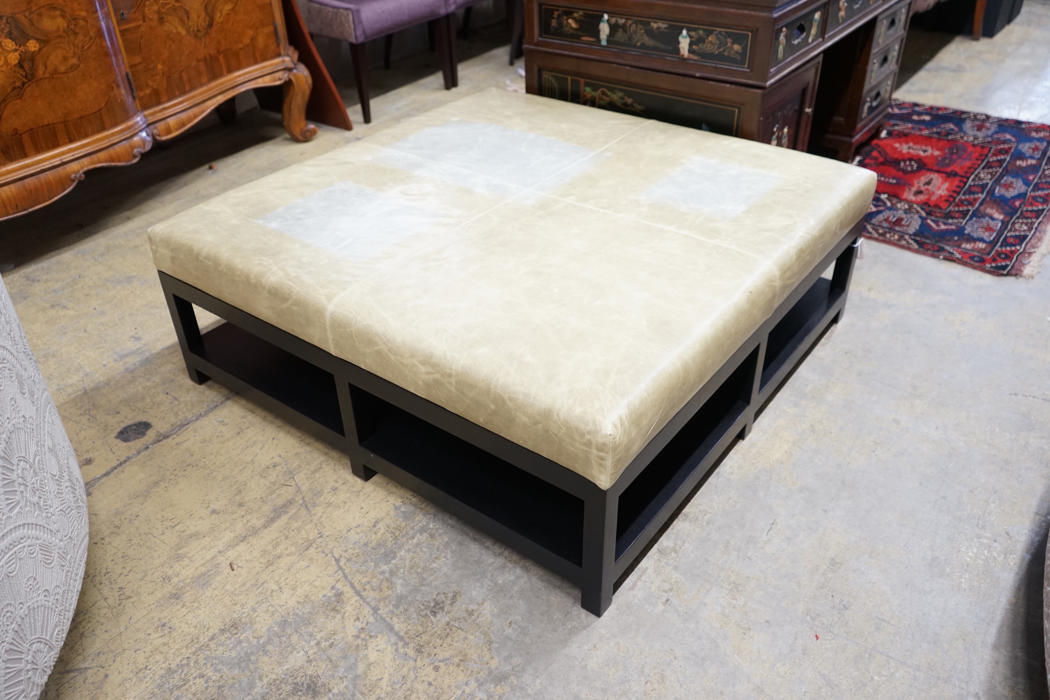 A custom made Bray Design square ottoman stool with Altfield Moore Domaine Cloud Grey leather top, 120cm, height 44cm
